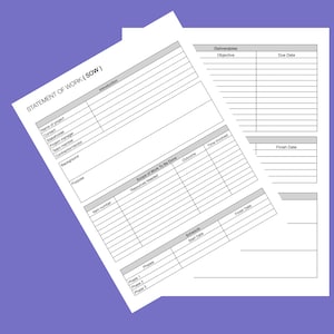 May include: A black and white printable statement of work (SOW) template with sections for project information, scope of work, deliverables, schedule, and finish date.