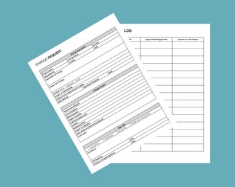 Puede incluir: Dos documentos de papel blanco con texto negro sobre un fondo verde azulado. El documento de la izquierda está etiquetado como "SOLICITUD DE CAMBIO" e incluye campos para detalles del proyecto y descripciones de cambios. El documento de la derecha está etiquetado como "LOG".