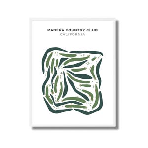 May include: A stylized illustration of a golf course layout, with green and dark green lines representing the holes and fairways. The text "MADERA COUNTRY CLUB CALIFORNIA" is at the top of the image.