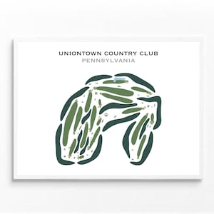 Op de afbeelding: Een ingelijste print met een golfbaan kaart. De kaart is een gestileerde illustratie in groentinten, die de lay-out van de Uniontown Country Club in Pennsylvania weergeeft. De tekst "UNIONTOWN COUNTRY CLUB PENNSYLVANIA" staat bovenaan afgedrukt.