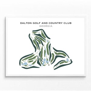 Puede incluir: Una ilustración minimalista de líneas de arte de un diseño de campo de golf. Las líneas verdes y azules representan el campo, con el texto "DALTON GOLF AND COUNTRY CLUB GEORGIA" en la parte superior.