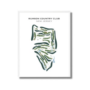 May include: A black and white illustration of a golf course layout with the text "RUMSON COUNTRY CLUB NEW JERSEY".