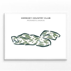 Puede incluir: Impresión enmarcada que presenta un mapa estilizado del Hershey Country Club en Pensilvania. El mapa está en tonos verdes y azules sobre un fondo blanco, con el nombre y la ubicación del club en la parte superior.