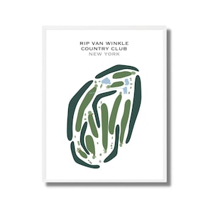 May include: A minimalist illustration of a golf course layout, with green and blue shapes representing the holes and water features. The text "RIP VAN WINKLE COUNTRY CLUB NEW YORK" is at the top of the image.