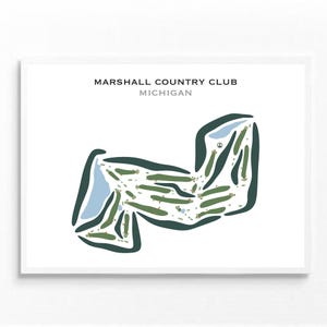 Puede incluir: Una ilustración simplificada de un diseño de campo de golf, con colores verde y azul, titulada "Marshall Country Club, Michigan".