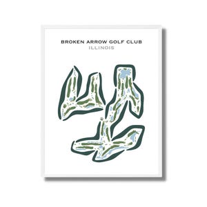 Puede incluir: Una ilustración estilizada de un diseño de campo de golf con calles verdes y obstáculos de agua azules. El texto "BROKEN ARROW GOLF CLUB ILLINOIS" está en la parte superior de la imagen.