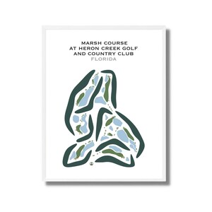 Puede incluir: Una impresión enmarcada del Marsh Course en Heron Creek Golf and Country Club en Florida. El diseño del campo está representado en verde y azul, con texto en la parte superior e inferior de la imagen.