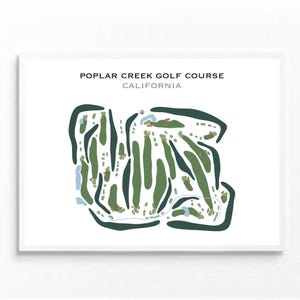 May include: A minimalist illustration of the Poplar Creek Golf Course in California. The green golf course is outlined in dark green and features white and blue details.