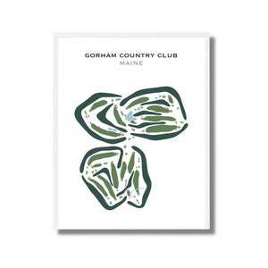 May include: A simplified illustration of a golf course layout, with green and blue colors, titled "Gorham Country Club, Maine".