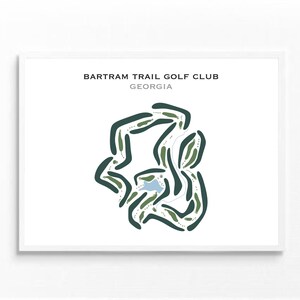 Pode incluir: Uma ilustração minimalista de arte de linha de um layout de campo de golfe. O campo é verde e branco, com um pequeno lago azul no centro. O texto "BARTRAM TRAIL GOLF CLUB GEORGIA" está no topo da imagem.