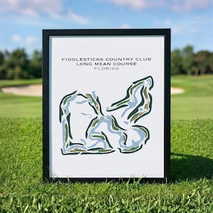 May include: A framed print featuring a stylized map of the Fiddlesticks Country Club Long Mean Course in Florida. The artwork displays a white background with dark green and light blue abstract shapes representing the golf course layout.