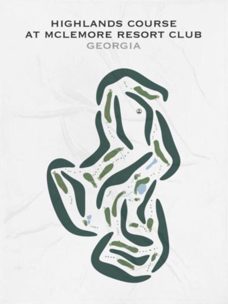 May include: A map of the Highlands Course at McLemore Resort Club in Georgia. The course layout is depicted in green and olive green, with water features in blue. The text "HIGHLANDS COURSE AT MCLEMORE RESORT CLUB GEORGIA" is at the top.