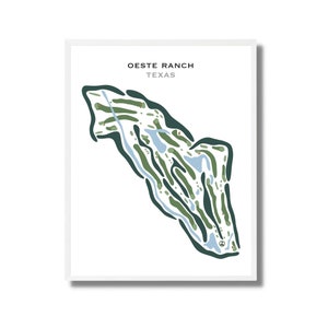 May include: A minimalist illustration of a golf course layout, with green and blue colours, titled "OESTE RANCH TEXAS".