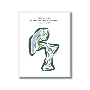 Links op Hiawatha Landing, NY | Golfbaankaart, golfkaart, golfer cadeau voor hem, scorecardlay-out, cadeau golfer vriendje, kunstprint INGELIJST