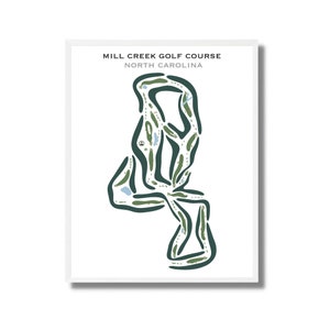 以下が含まれることがあります： 「MILL CREEK GOLF COURSE NORTH CAROLINA」というテキストが書かれた、ゴルフコースのレイアウトの白黒イラストです。