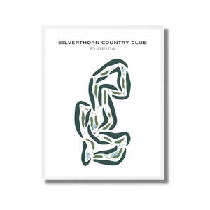 Pode incluir: Impressão emoldurada com um mapa do campo de golfe. O mapa usa tons de verde, azul e branco, com o texto "SILVERTHORN COUNTRY CLUB FLORIDA" no topo. Design abstrato e artístico, adequado para entusiastas do golfe.