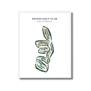 May include: A minimalist line art illustration of a golf course layout. The course is green with brown and blue accents. The text "ESCENA GOLF CLUB CALIFORNIA" is at the top of the image.