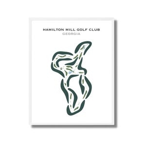 以下が含まれることがあります： ゴルフコースの地図が描かれたフレーム入りプリント。地図は、白地の背景に、緑と青の色合いで表現された、様式化された抽象的な表現です。「HAMILTON MILL GOLF CLUB GEORGIA」の文字が上部に印刷されています。