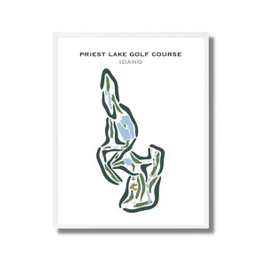 May include: A minimalist line art illustration of a golf course layout. The course is green with blue water features. The text "PRIEST LAKE GOLF COURSE IDAHO" is at the top of the image.