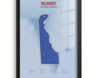Delaware Top Golf Courses Map Wall Art, Golf Lover Living Room Wall Decor, Dads Mancave Wall Art Print, Holiday Gift, Golf Lover Gift