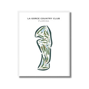 Può includere: Una stampa incorniciata bianca di una mappa di un campo da golf verde e blu con il testo "LA GORCE COUNTRY CLUB FLORIDA" in alto.