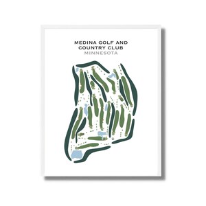 Può includere: Un'illustrazione minimalista di un layout di campo da golf, con colori verde e blu. Il testo "MEDINA GOLF AND COUNTRY CLUB MINNESOTA" è in cima all'immagine.