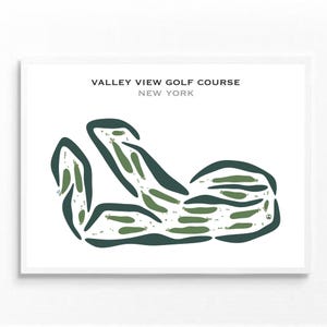 Valley View-golfbaan, New York | Golfbaankaart, golfkaart, golfer cadeau voor hem, scorecardlay-out, cadeau golfer vriendje, kunstdruk INGELIJST