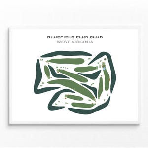 Puede incluir: Una impresión enmarcada en blanco de un diseño de campo de golf con el texto "Bluefield Elks Club West Virginia". El campo de golf está representado en verde y azul sobre un fondo blanco.