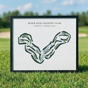May include: A framed print featuring a stylized map of the River Run Country Club golf course in North Carolina. The design displays dark green fairways and light blue water hazards on a white background with black and gray text at the top.
