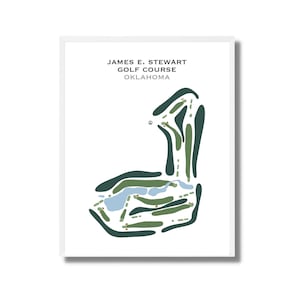May include: A white framed print of a golf course layout with green and blue colors. The text "JAMES E. STEWART GOLF COURSE OKLAHOMA" is at the top of the print.