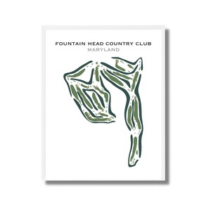 May include: A green and white illustration of a golf course layout with the text "Fountain Head Country Club MARYLAND".