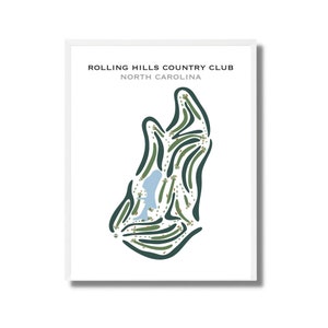 May include: A minimalist illustration of a golf course layout, with green and blue colors, titled "Rolling Hills Country Club, North Carolina".