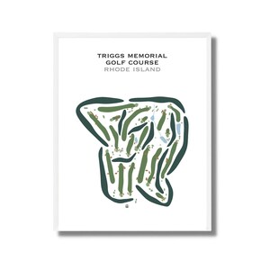 May include: A minimalist illustration of a golf course layout, with green and brown colors, titled "TRIGGS MEMORIAL GOLF COURSE RHODE ISLAND".