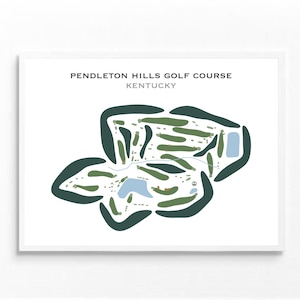 Könnte beinhalten: Ein gerahmter Druck des Pendleton Hills Golfplatzes in Kentucky. Der Golfplatz-Grundriss ist in Grün und Blau auf weißem Hintergrund dargestellt. Der Text "PENDLETON HILLS GOLF COURSE KENTUCKY" ist oben aufgedruckt.