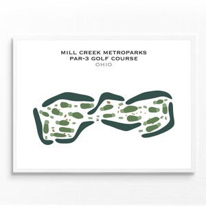 以下が含まれることがあります： 緑と茶色のカラーリングで描かれた、ゴルフコースのレイアウトのミニマルなイラスト。画像の上部に「MILL CREEK METROPARKS PAR-3 GOLF COURSE OHIO」というテキストが表示されています。