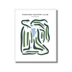 May include: A framed print with a minimalist golf course map design. The artwork shows a layout of green and blue shapes on a white background. The text "Pineview Country Club Kansas" is printed at the top of the image.