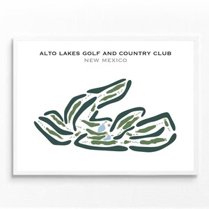 Puede incluir: Un mapa estilizado del Alto Lakes Golf and Country Club en Nuevo México. El mapa muestra el diseño del campo de golf en verde y azul.