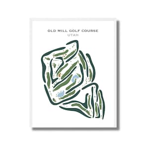 以下が含まれることがあります： ユタ州のオールドミルゴルフコースの緑と白のイラスト。イラストは、緑のフェアウェイ、バンカー、ウォーターハザードのあるゴルフコースのレイアウトを示しています。