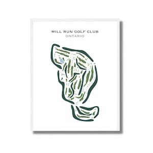 以下が含まれることがあります： 緑と青の色で描かれたゴルフコースのレイアウトの白枠入りイラスト。画像の上部に「MILL RUN GOLF CLUB ONTARIO」というテキストがあります。