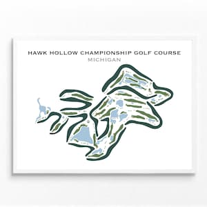 Hawk Hollow Championship-golfbaan, Michigan Golfkaart, golfcadeaus voor vader, decor voor golfer, golfmuurkunst | Kunstafdruk in aquarelstijl, niet ingelijst