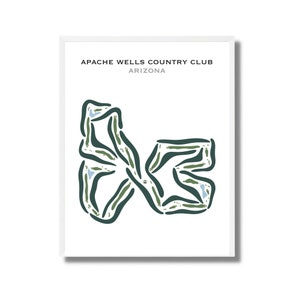 Puede incluir: Un dibujo de línea simplificado de un diseño de campo de golf en verde y azul sobre un fondo blanco. El texto "APACHE WELLS COUNTRY CLUB ARIZONA" está en la parte superior de la imagen.