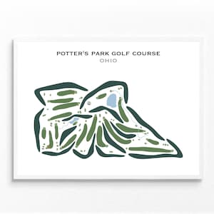 May include: A minimalist line art illustration of a golf course, with green and blue colors, titled "Potter's Park Golf Course, Ohio".