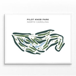 May include: A minimalist line art illustration of a golf course layout, with green and blue colors, titled "Pilot Knob Park, North Carolina".