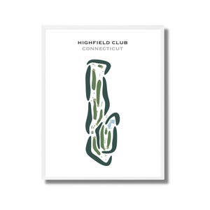 Può includere: Stampa incorniciata di una mappa del campo da golf. La mappa presenta un design verde e bianco, con le parole "HIGHFIELD CLUB CONNECTICUT" in alto. Il layout del campo è raffigurato in tonalità di verde, con fairway e green chiaramente indicati.