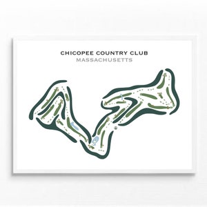 Puede incluir: Una impresión enmarcada del campo de golf del Chicopee Country Club en Massachusetts. El diseño del campo está representado en verde y blanco, con el nombre del club y el estado impresos en la parte superior.