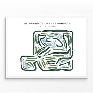 Könnte beinhalten: Eine grüne und blaue Illustration eines Golfplatzlayouts. Der Text "JW MARRIOTT DESERT SPRINGS CALIFORNIA" befindet sich oben im Bild.