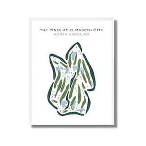 Könnte beinhalten: Eine stilisierte Illustration eines Golfplatzlayouts mit grünen Fairways und blauen Wasserhindernissen. Der Text "THE PINES AT ELIZABETH CITY NORTH CAROLINA" befindet sich oben im Bild.
