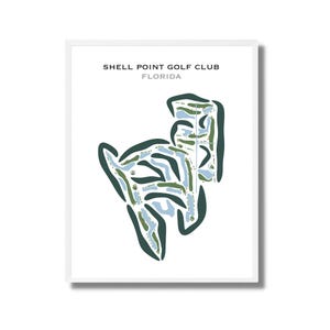 Puede incluir: Impresión enmarcada que presenta un mapa de un campo de golf. El mapa es una ilustración estilizada con elementos verdes, azules y blancos. El texto "SHELL POINT GOLF CLUB FLORIDA" está impreso en la parte superior.