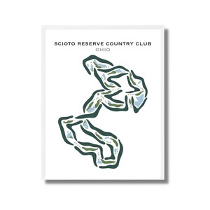 May include: A minimalist line art illustration of a golf course layout. The course is depicted in green and blue, with white text that reads "Scioto Reserve Country Club Ohio".