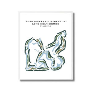 May include: A stylized map of the Fiddlesticks Country Club Long Mean Course in Florida. The map shows the layout of the golf course with green fairways, blue water hazards, and brown sand traps.